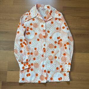 Women's Vintage 1970's Graff White Orange Polka Dot Retro Button Up Shirt Sz L